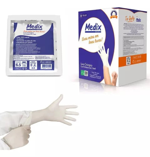 Luva Cirúrgica / 7.0 - 7.5 - 8.0 - 8.5 / Látex com Pó / 50 Pares / Medix
