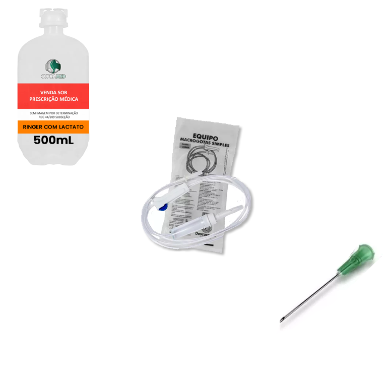 Kit 10x Ringer com Lactato / 500mL / Frasco / 10x Agulha 25x08 / 10x Equipo Simples