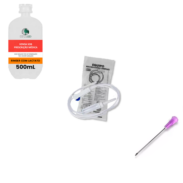 KIT 10x Ringer com Lactato 500mL Frasco / 10x Agulha 40x12 / 10x Equipo Simples
