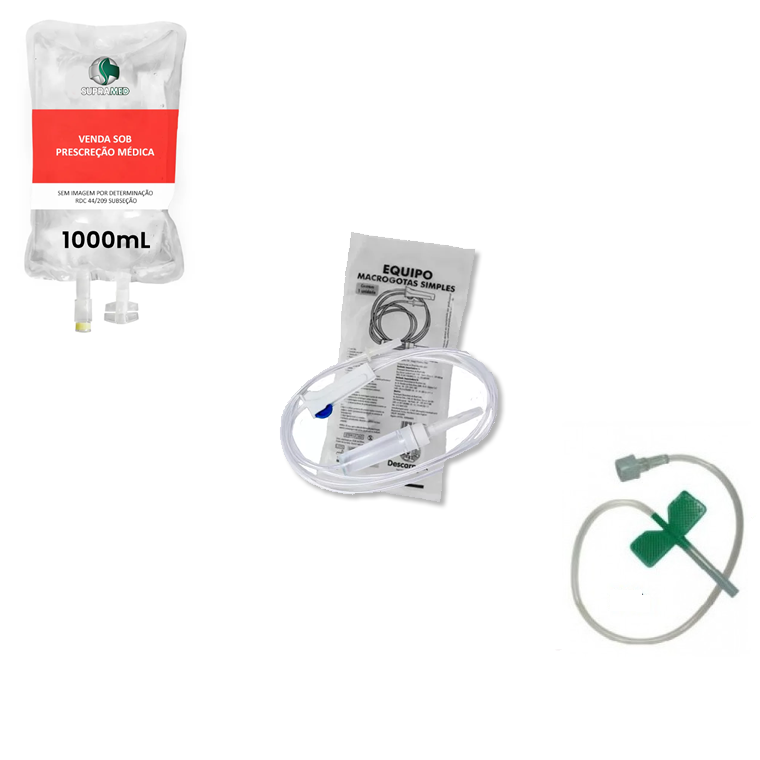 Kit 10x Soro Fisiológico / 1000mL / Bolsa / 10x Escalpe 21G / 10x Equipo Simples