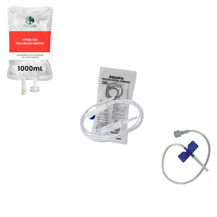 Kit 10x Soro Fisiológico / 1000mL / Bolsa / 10x Escalpe 23G / 10x Equipo Simples