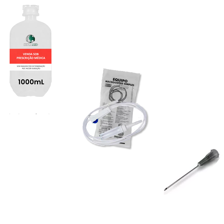 Kit 10x Soro Fisiológico / 1000mL / Frasco / 10x Agulha 25x07 / 10x Equipo Simples