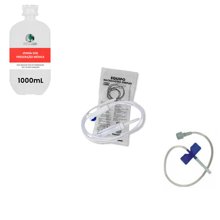Kit 10x Soro Fisiológico / 1000mL / Frasco / 10x Escalpe 23G / 10x Equipo Simples