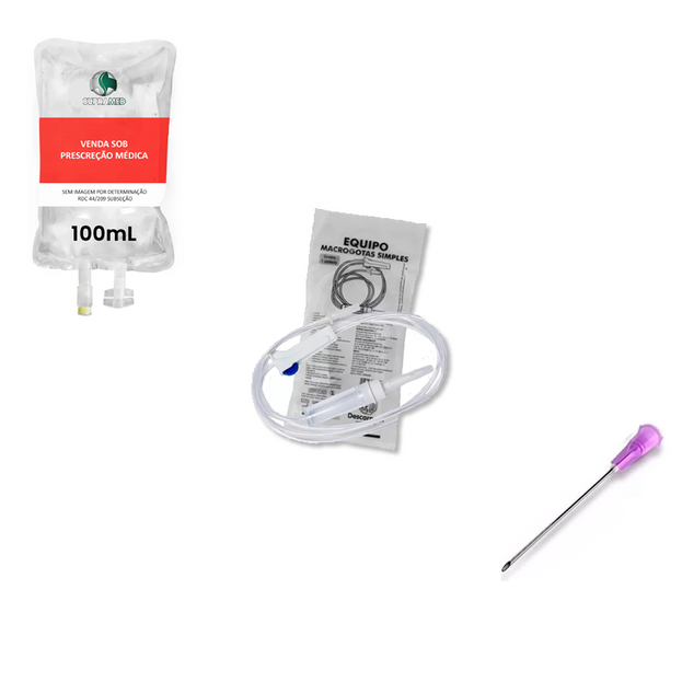 KIT 10x Soro Fisiológico 100mL Bolsa / 10x Agulha 40x12 / 10x Equipo Macrogotas Simples