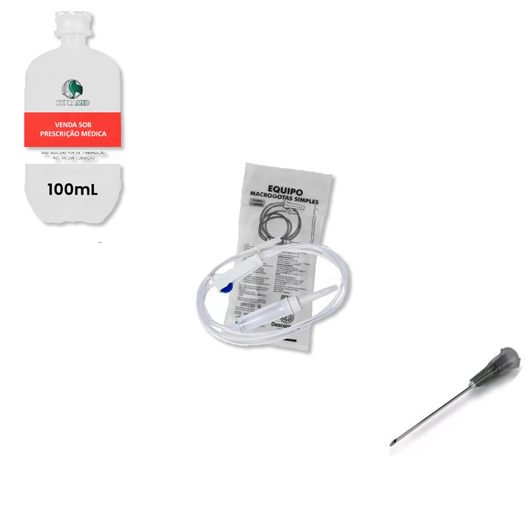 KIT 10x Soro Fisiológico 100mL Frasco / 10x Agulha 25x07 / 10x Equipo Macrogotas Simples