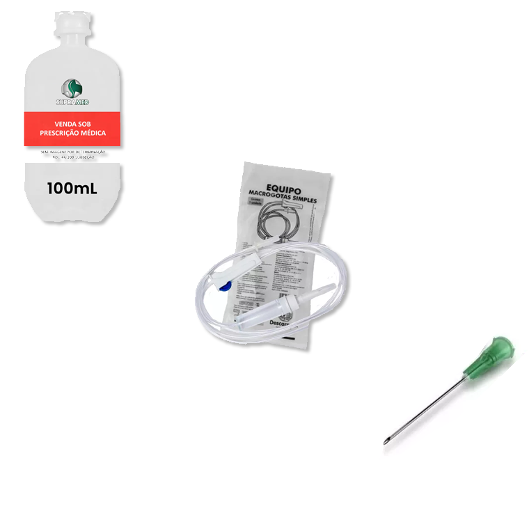 KIT 10x Soro Fisiológico 100mL Frasco / 10x Agulha 25x08 / 10x Equipo Macrogotas Simples