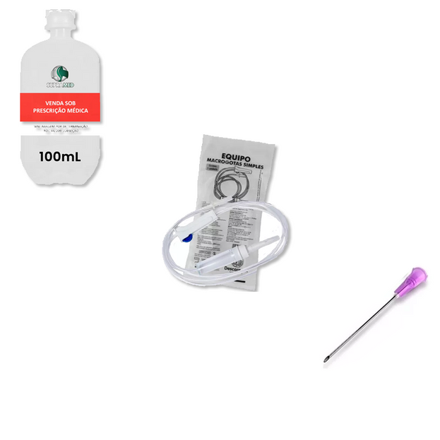 KIT 10x Soro Fisiológico 100mL Frasco / 10x Agulha 40x12 / 10x Equipo Macrogotas Simples