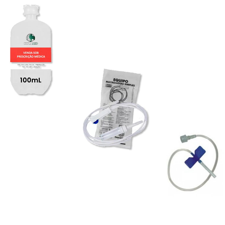 KIT 10x Soro Fisiológico 100mL Frasco / 10x Escalpe 23G / 10x Equipo Macrogotas Simples