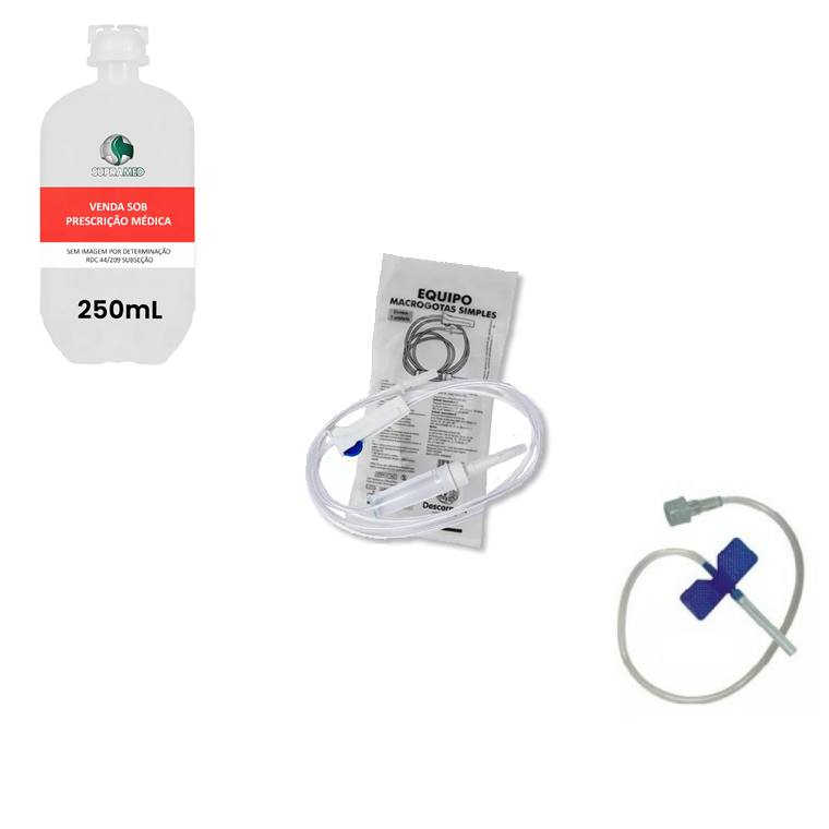 KIT 10x Soro Fisiológico 250mL Frasco / 10x Escalpe 23G / 10x Equipo Macrogotas Simples