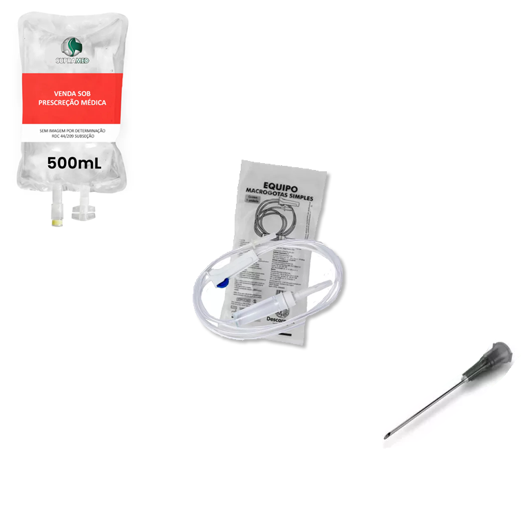 KIT 10x Soro Fisiológico 500mL Bolsa / 10x Agulha 25x07 / 10x Equipo Macrogotas Simples