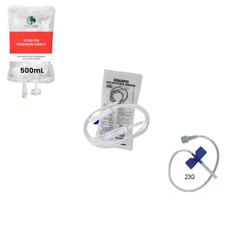KIT 10x Soro Fisiológico 500mL Bolsa / 10x Escalpe 23G / 10x Equipo Macrogotas Simples