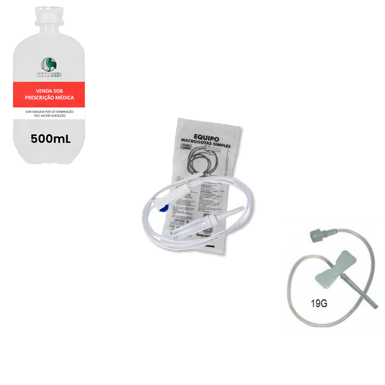 KIT 10x Soro Fisiológico 500mL Frasco / 10x Escalpe 19G / 10x Equipo Macrogotas Simples