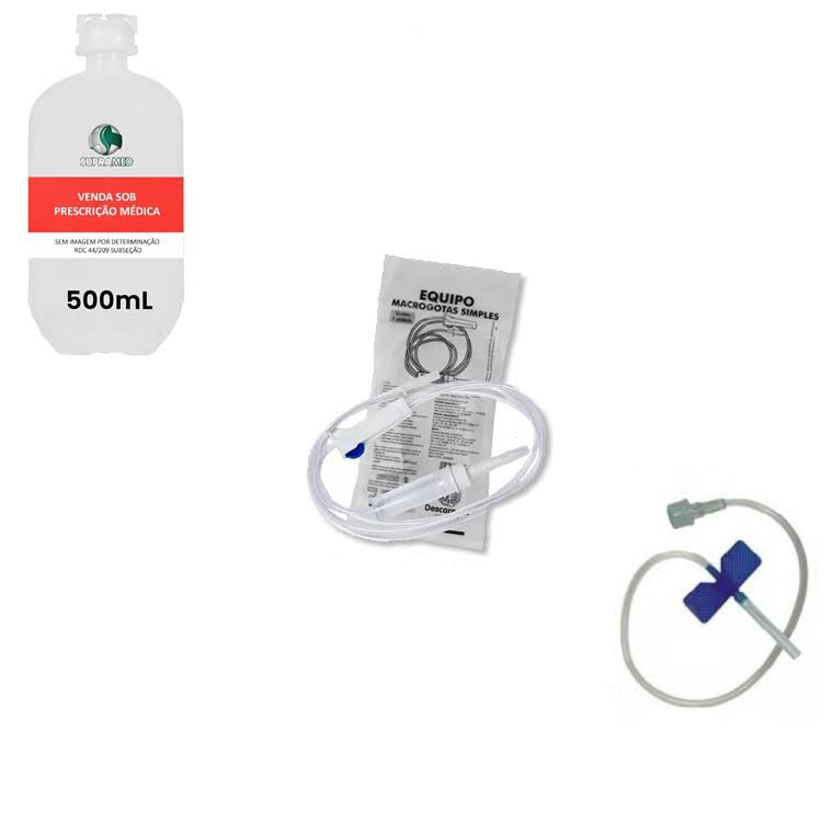 KIT 10x Soro Fisiológico 500mL Frasco / 10x Escalpe 23G / 10x Equipo Macrogotas Simples