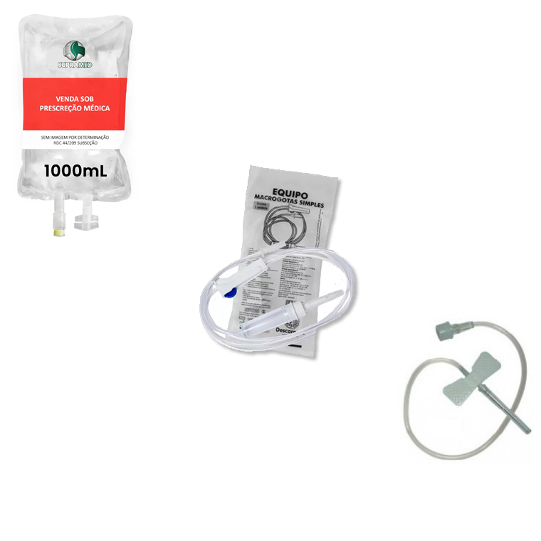 Kit 10x Soro Fisiológico / 1000mL / Bolsa / 10x Escalpe 19G / 10x Equipo Simples